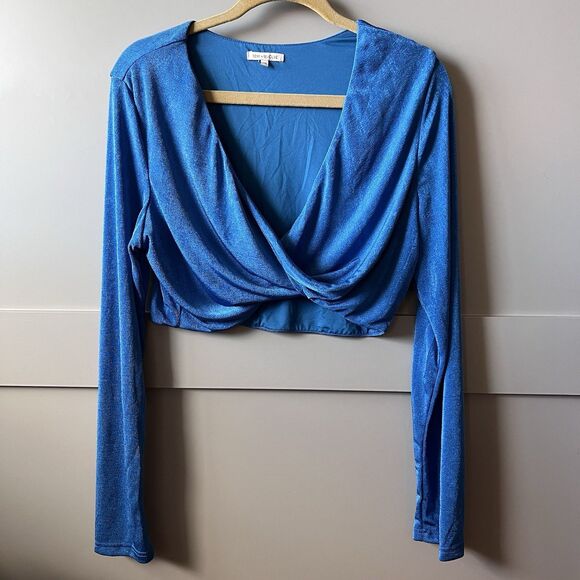 Remi x Revolve Niki Twist Front Stretch Crop Top Women Sz 1X Blue Slinky‎ V-Neck - Picture 2 of 12